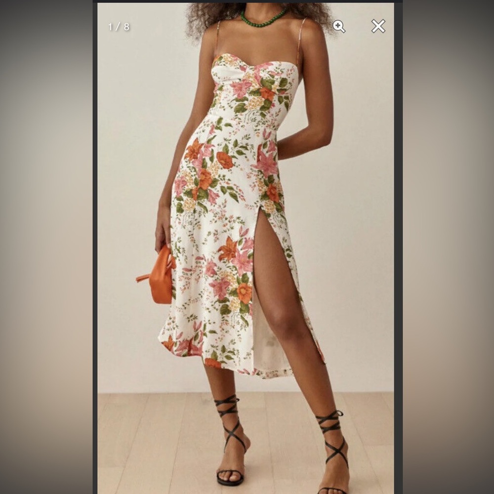 Reformation Juliette white floral midi dress in tropique, size 4